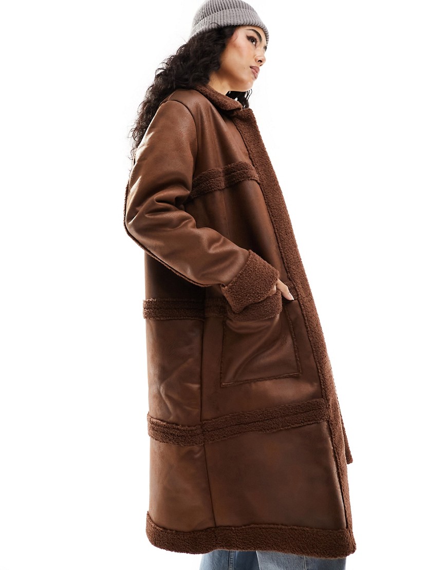 Violet Romance suedette longline aviator coat with borg trims in brown