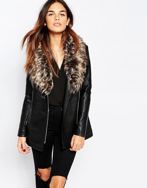 Warehouse | Warehouse Faux Leather and Faux Fur Collar Jacket