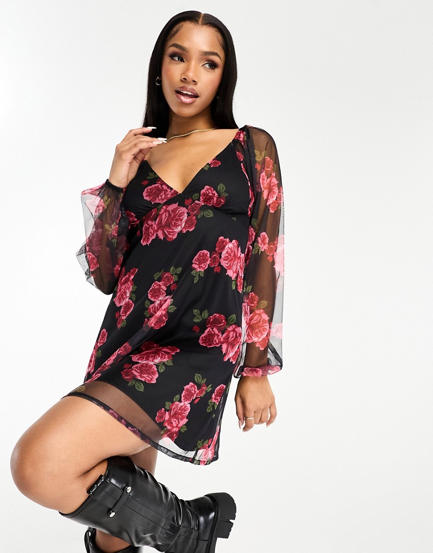 Wednesday’s Girl bloom print mesh dress in black and red