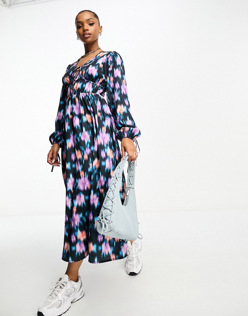 Wednesday’s Girl blurred floral tie front midi dress in purple