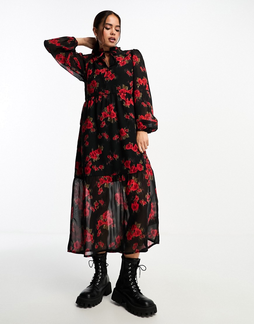 Wednesday’s Girl blurred rose print tiered midi smock dress in black and red