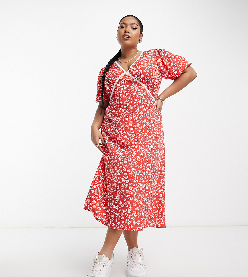 Wednesday’s Girl Curve ditsy floral lace detail midi dress in red
