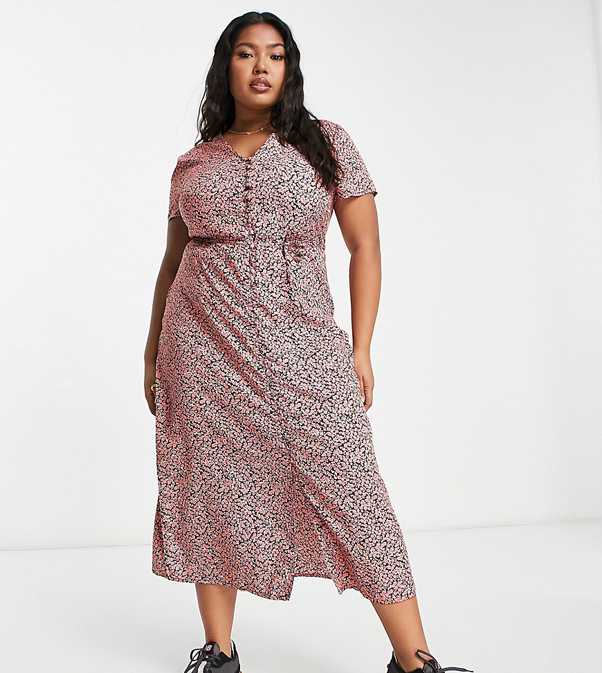 Wednesday’s Girl Curve floral print button through tie detail midi dress in pink