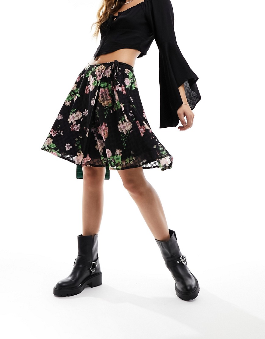 Wednesday’s Girl devore wrap detail floral print mini skirt in black