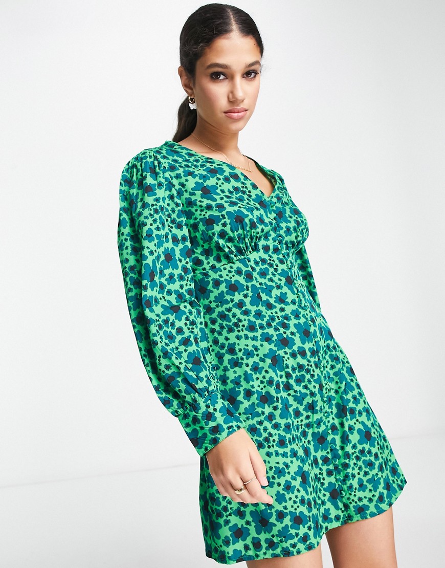Wednesday’s Girl ditsy floral print button through mini dress in jade green
