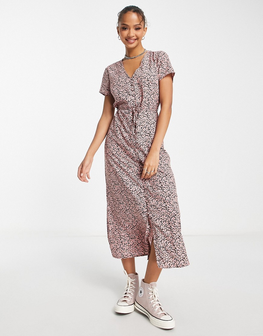 Wednesday’s Girl floral print button through tie detail midi dress in pink