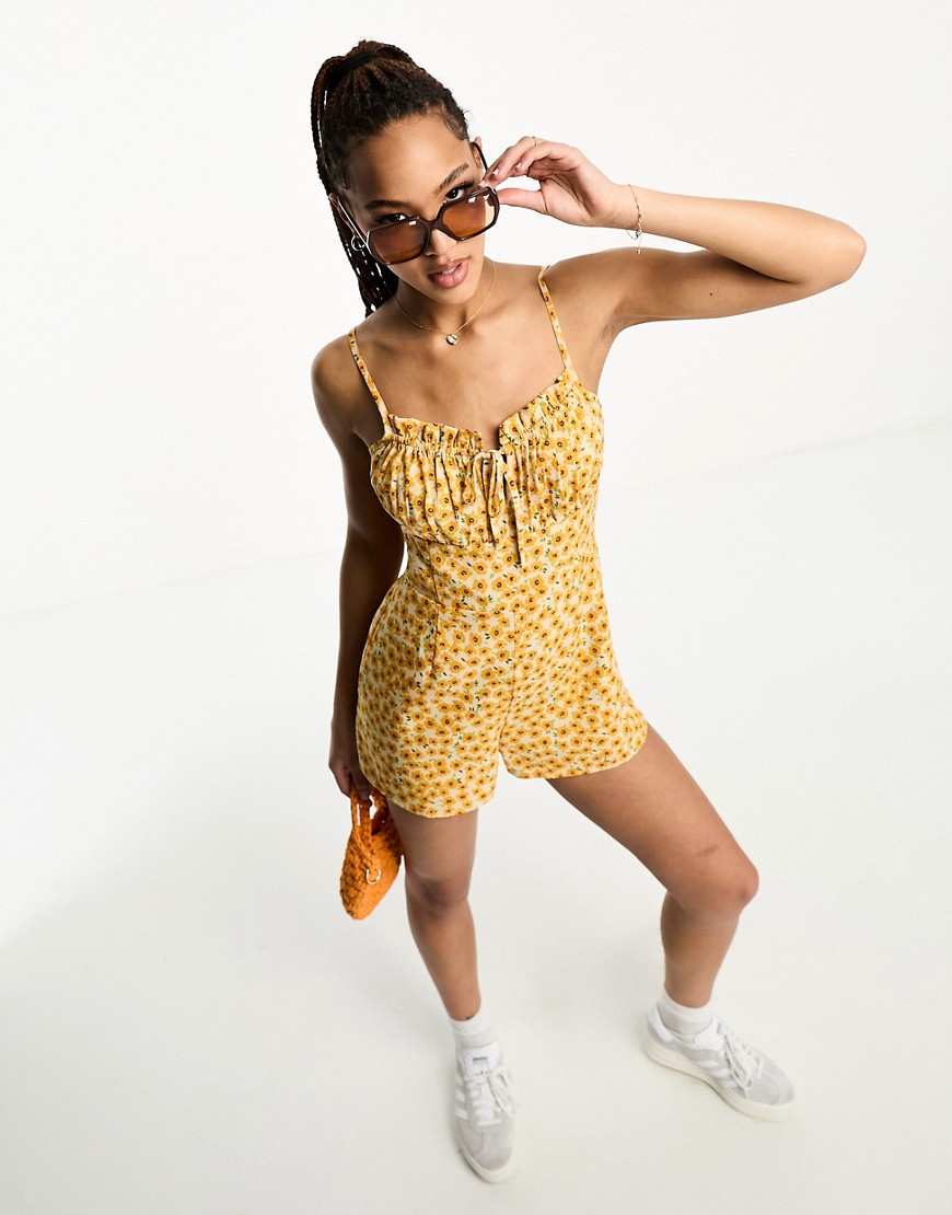 Wednesday’s Girl floral print tie detail strappy playsuit in yellow