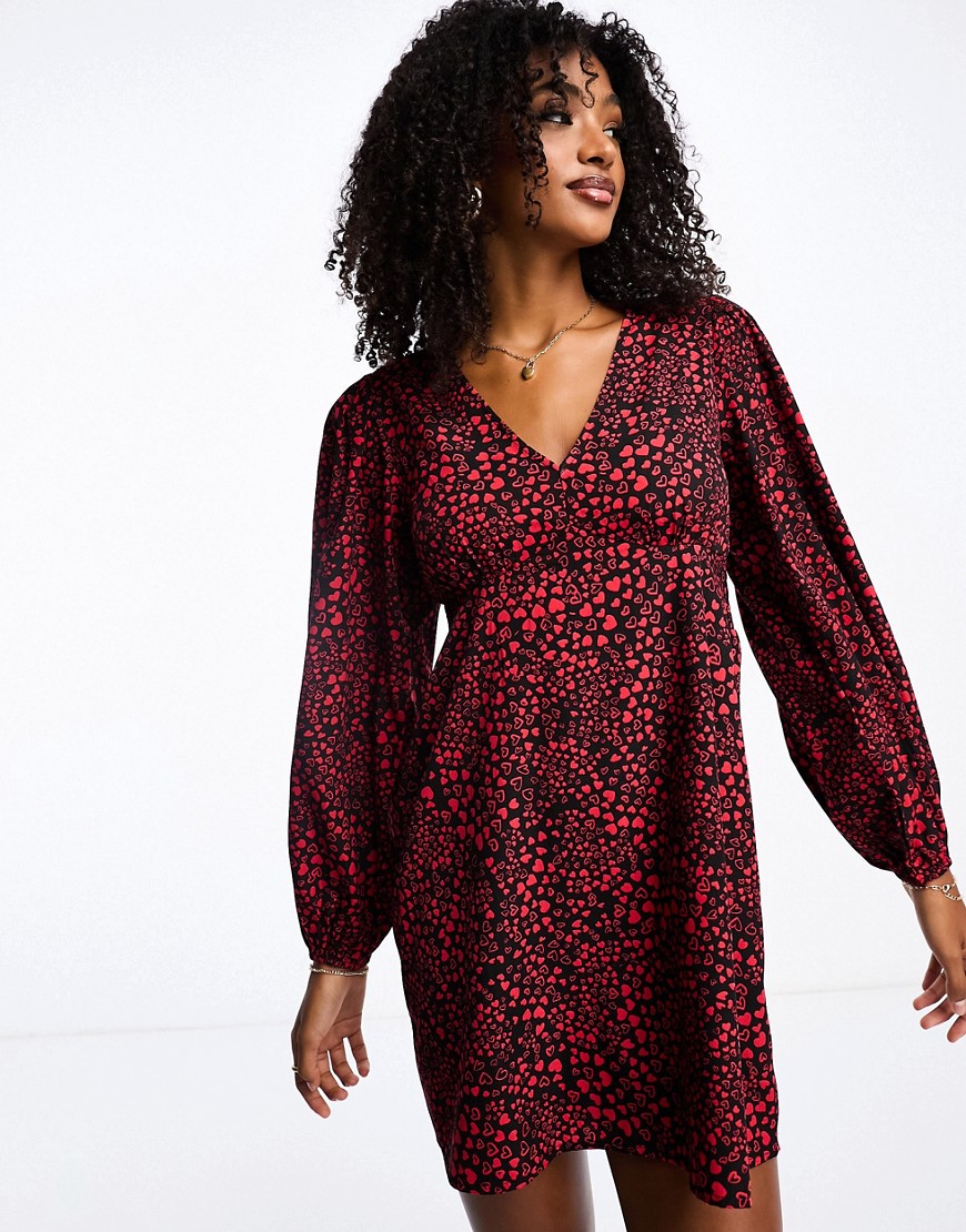 Wednesday’s Girl heart print balloon sleeve mini dress in red and black