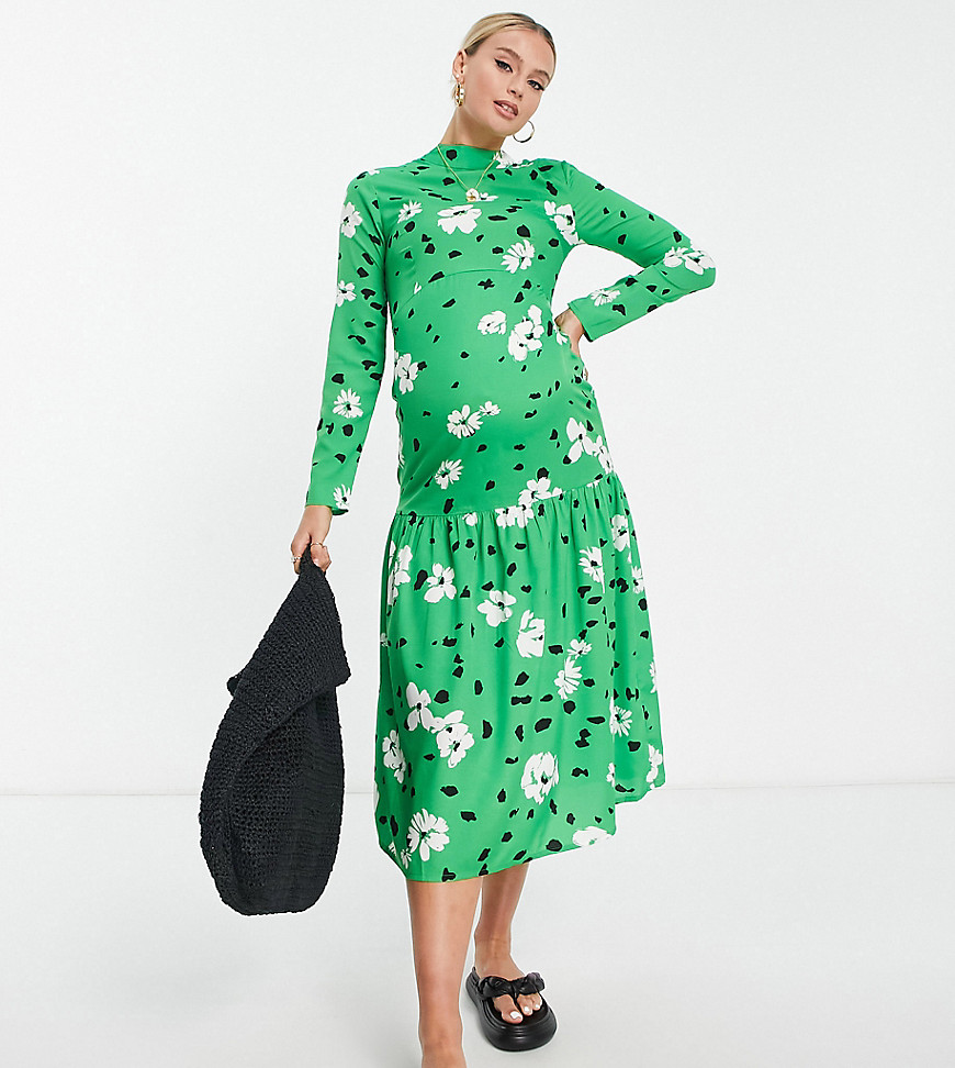 Wednesday’s Girl Maternity high neck long sleeve midi smock dress in green floral-Multi