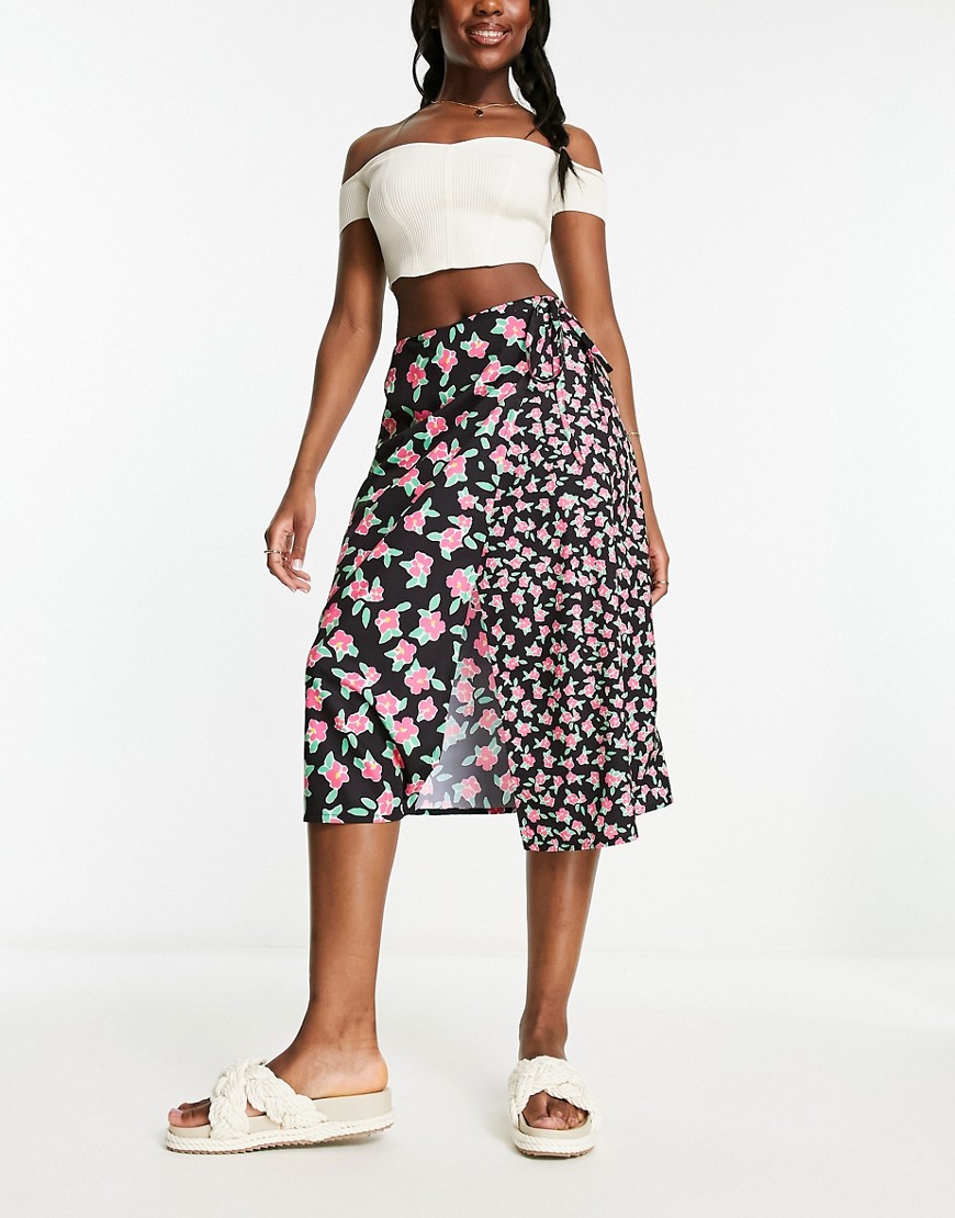 Wednesday’s Girl rose bloom ditsy print wrap midaxi skirt in black and pink