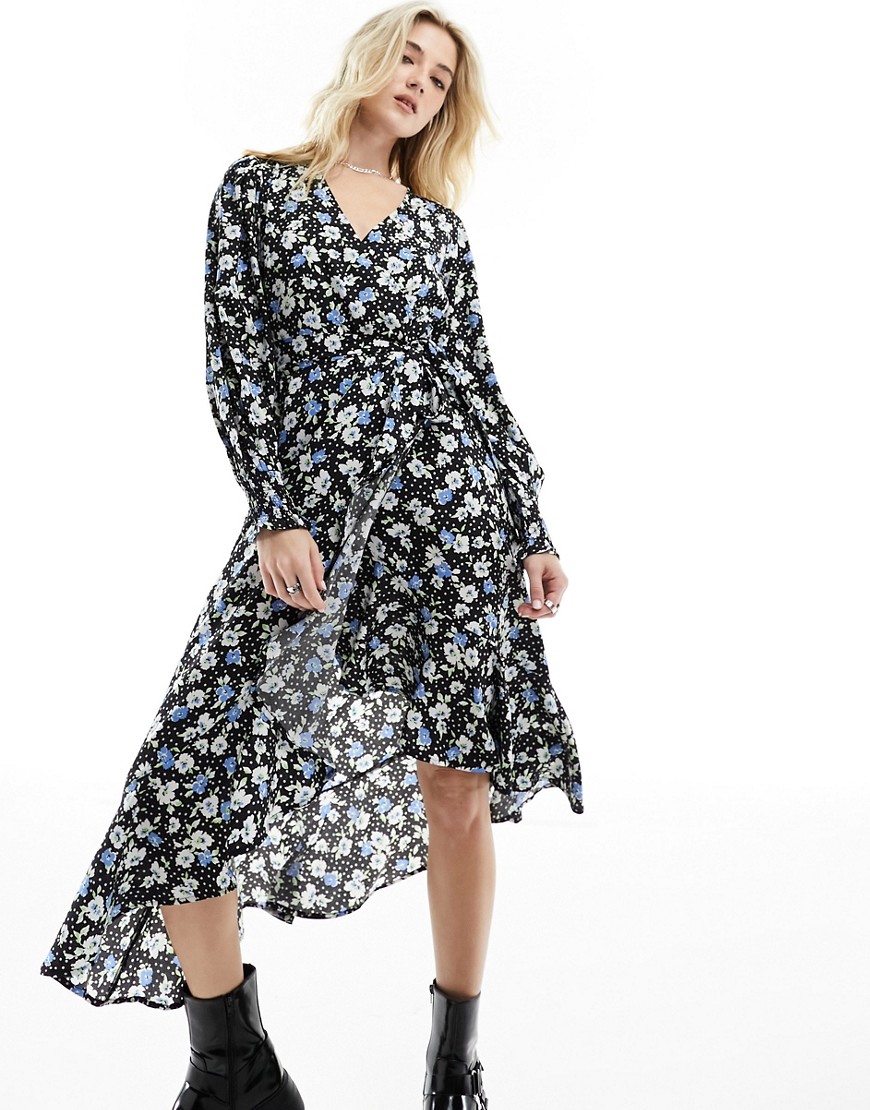 Wednesday’s Girl ruffle wrap ditsy floral midi dress in black