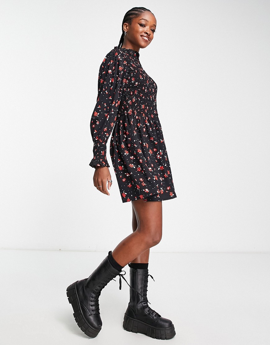 Wednesday’s Girl shirred detail ditsy print mini dress in black and red