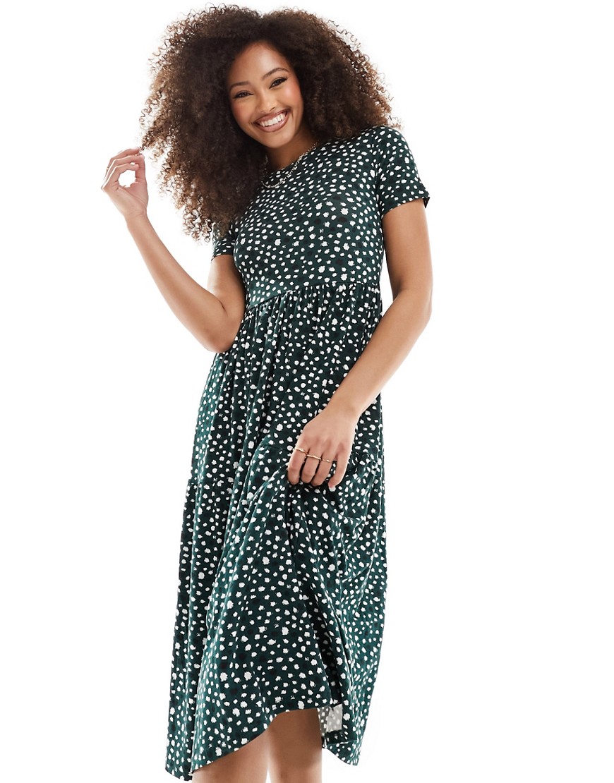 Wednesday’s Girl smudge spot tiered midi dress in deep green