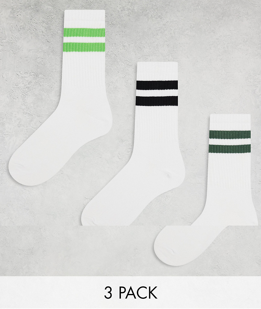 Weekday 3-pack stripe sport socks in white with black and green stripe