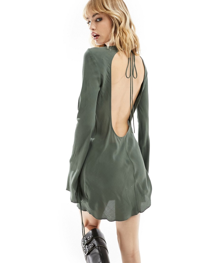 Weekday Bella open back mini dress in khaki-Green