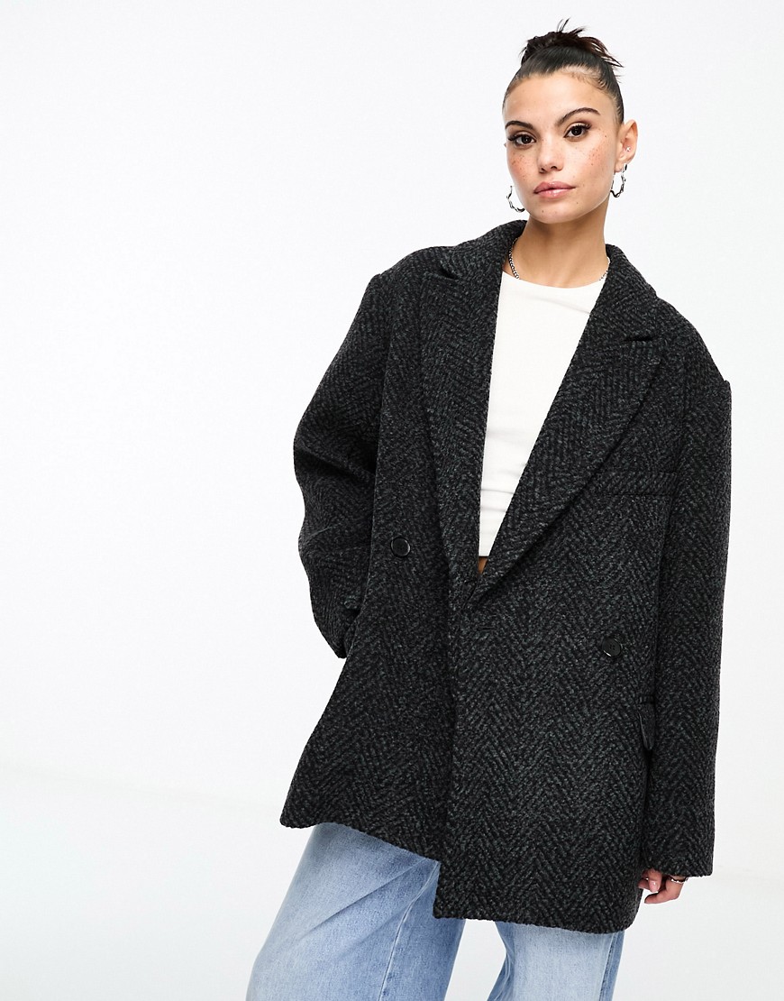 Weekday Carla wool blend blazer jacket in black herringbone