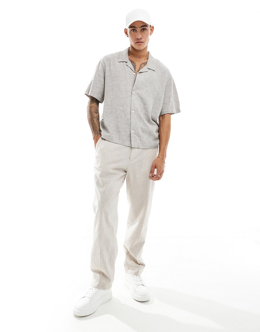 Weekday Charlie linen boxy fit short sleeve shirt in light mole-Neutral