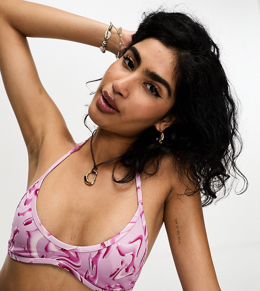 Weekday Jet halter bikini top in pink ripple print exclusive to ASOS