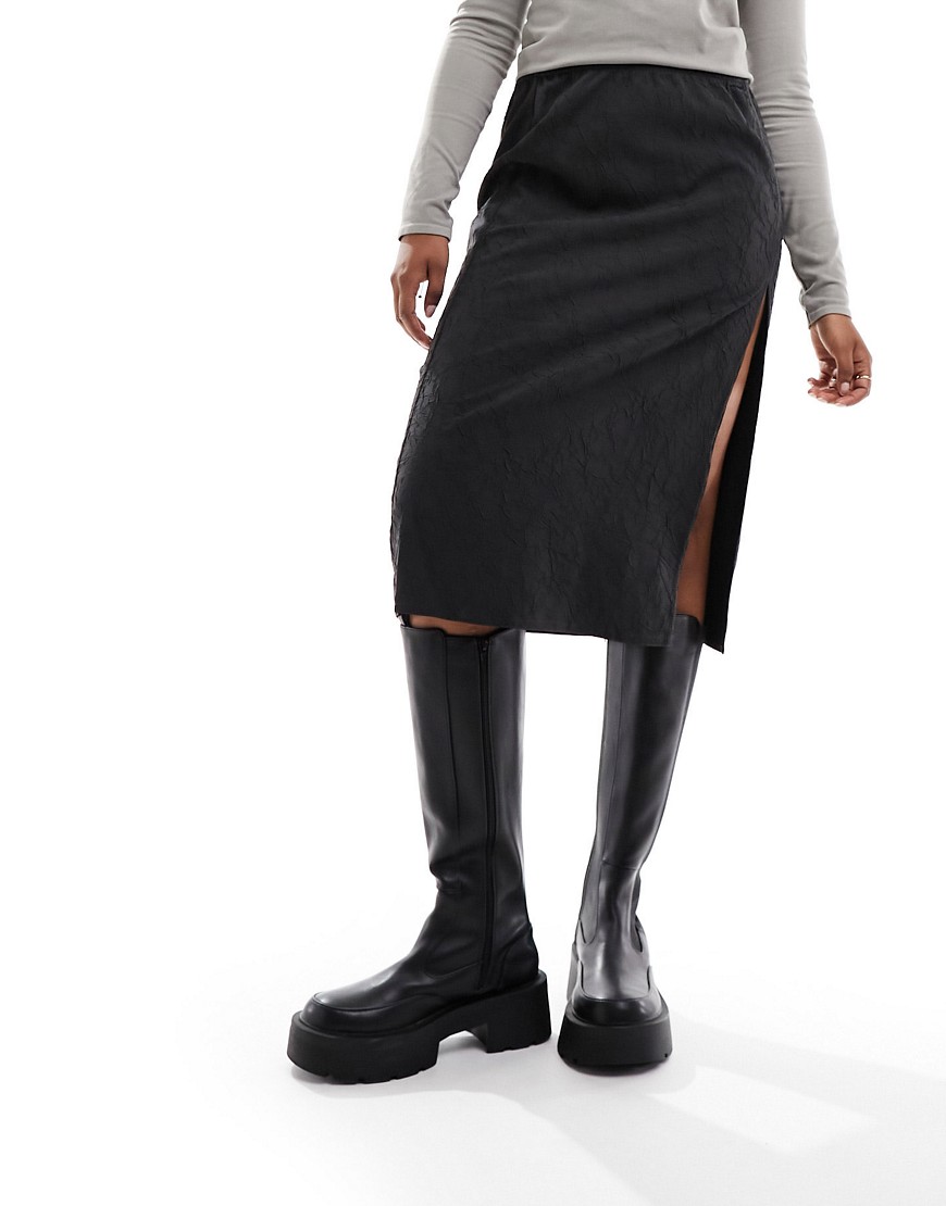 Weekday Priscilla crinkle midi skirt with side split in dark grey