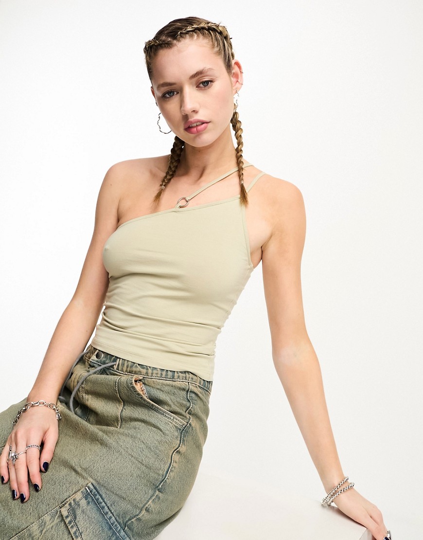 Weekday Ring asymmetric cami vest with ring detail in beige green-Neutral