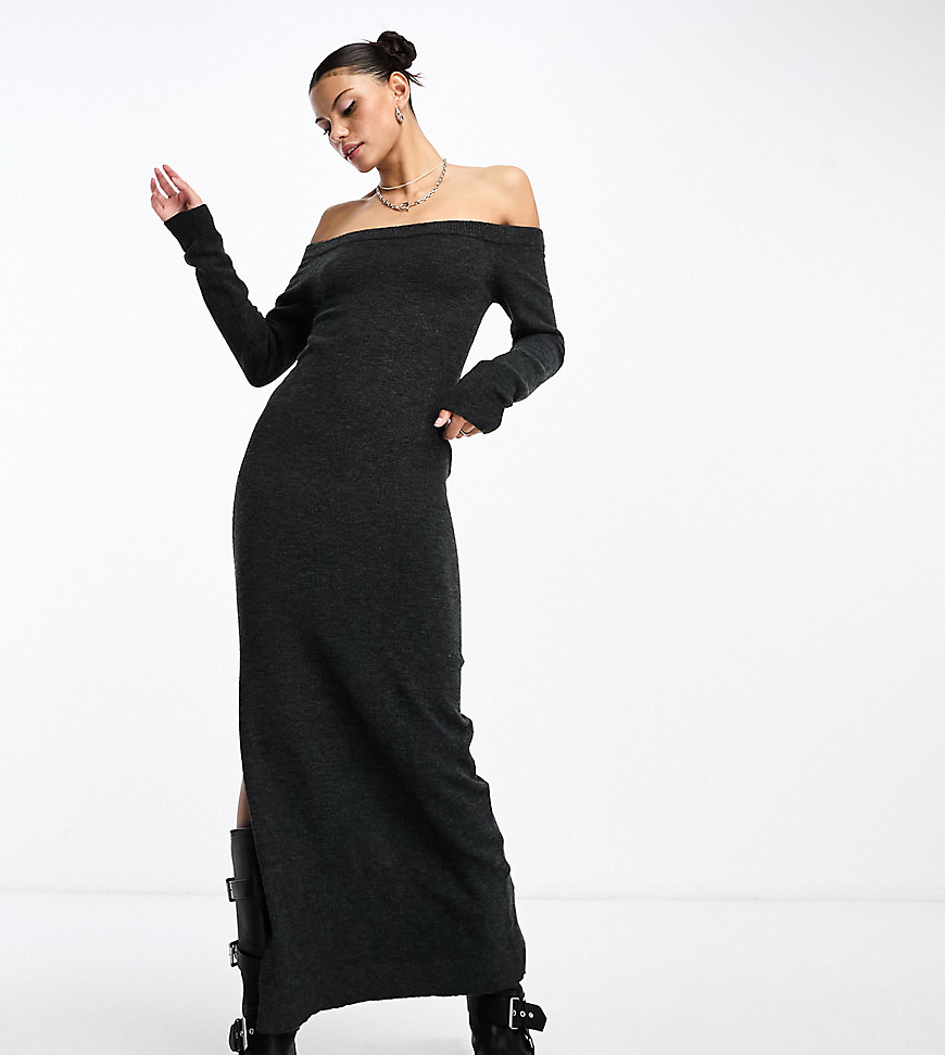 Weekday wool blend off shoulder midaxi knitted jumper dress in off-black melange exclusive to ASOS