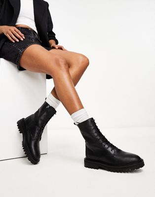 chunky lace up high ankle boot in black