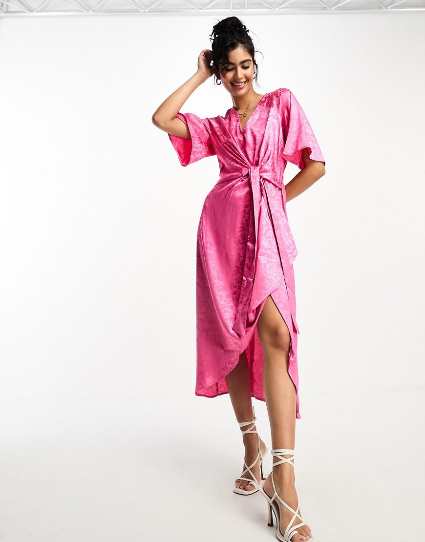 Y. A.S Bridesmaid jacquard satin kimono midi dress in pink