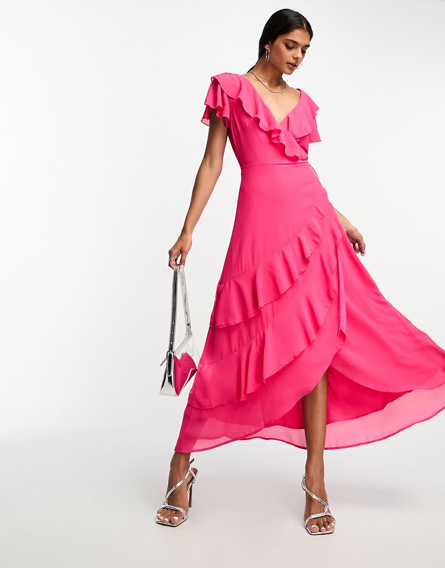 Y. A.S Bridesmaid wrap frill detail maxi dress in vibrant pink