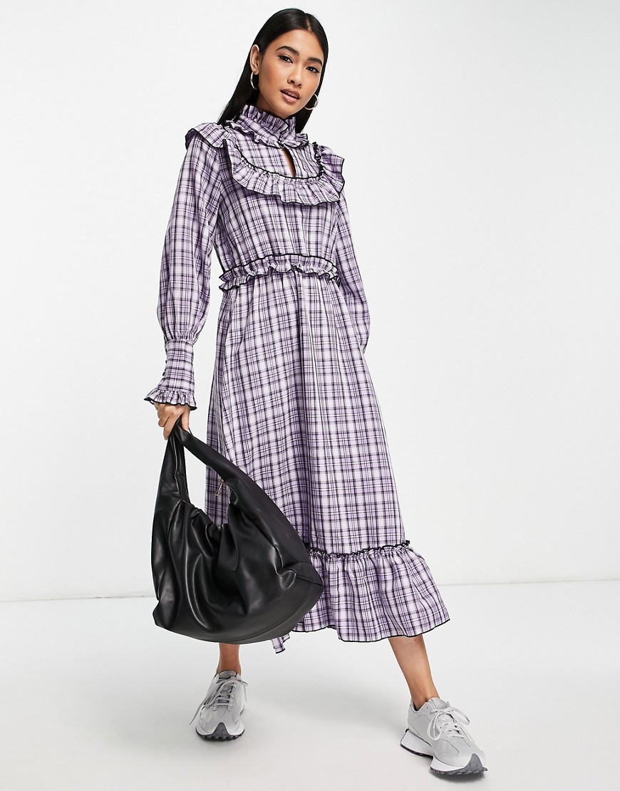 Y. A.S check dress with collar detail and frill hem in purple