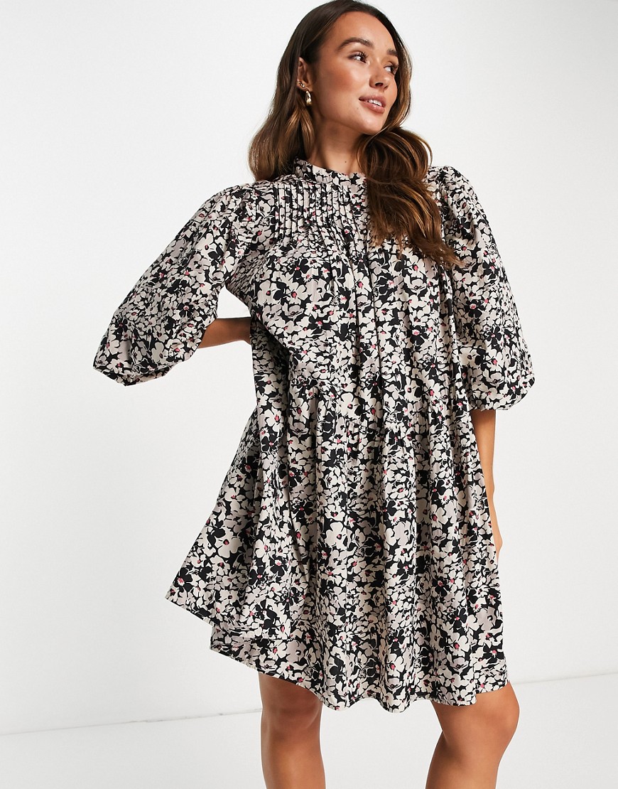 Y. A.S cotton puff sleeve mini dress in mono floral print - BLACK