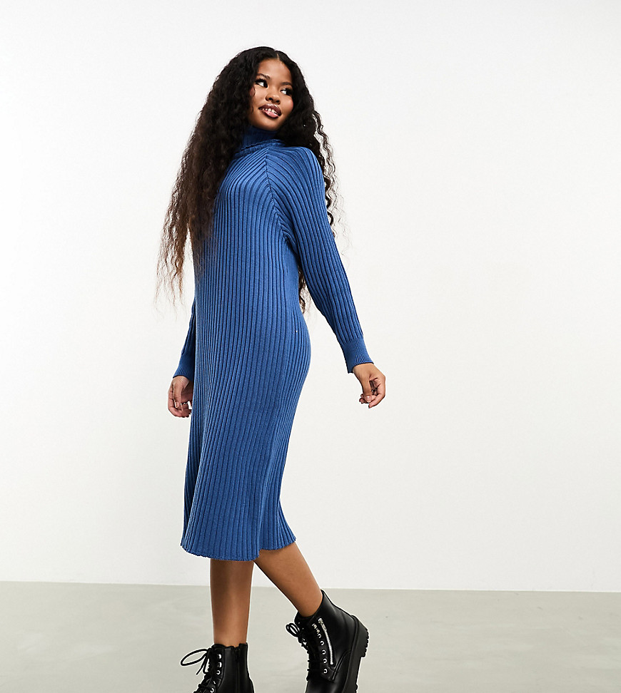 Y. A.S Petite ribbed roll neck jumper midi dress in blue