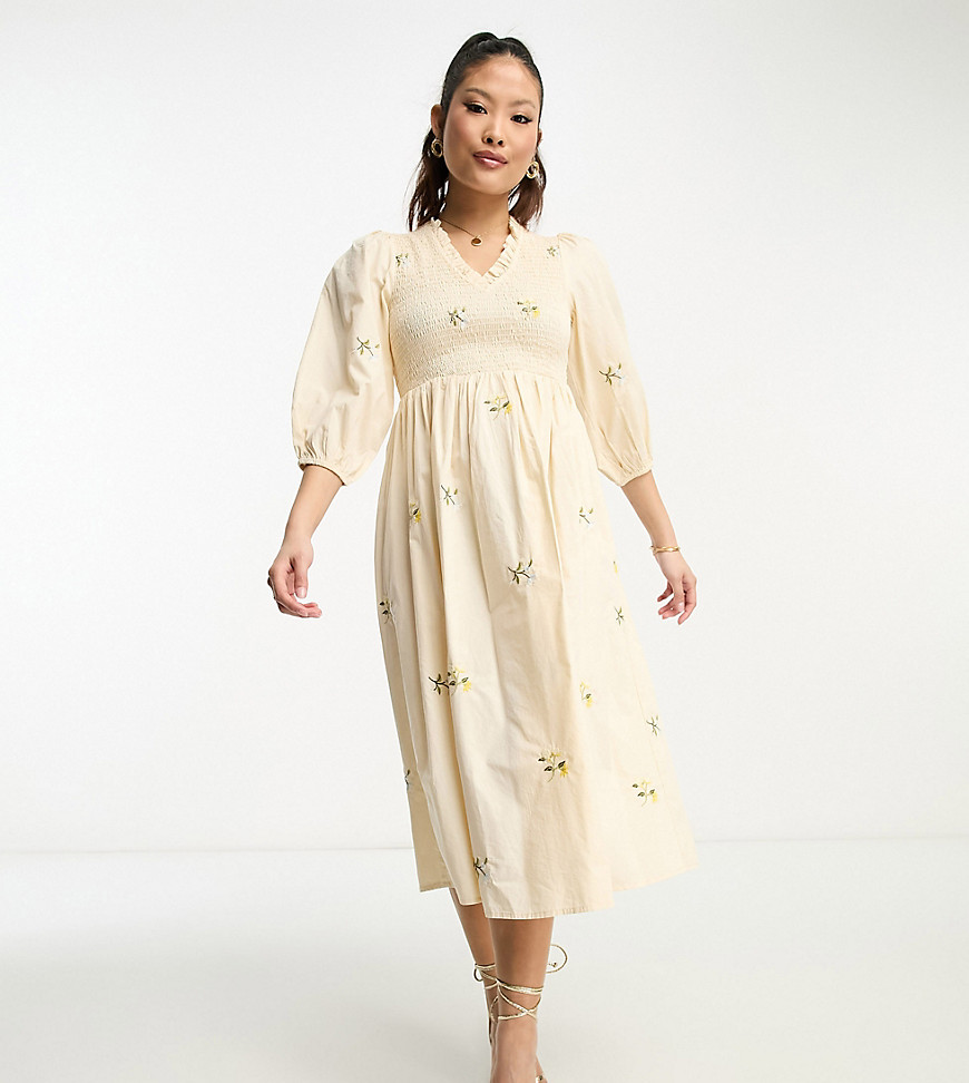 Y. A.S Petite shirred bodice smock midi dress with floral embroidery in cream-White