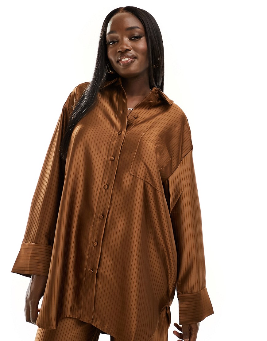 Y. A.S satin oversized pinstripe shirt co-ord in brown