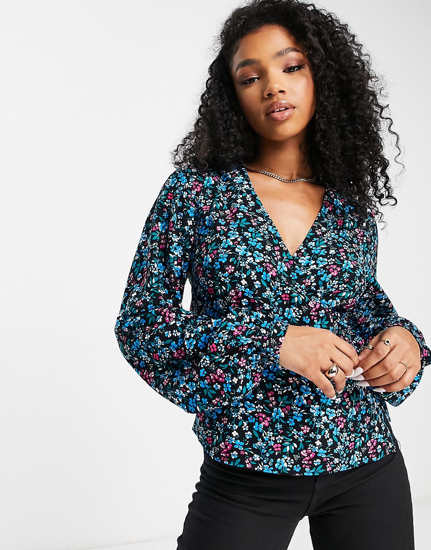 Y. A.S selma long sleeve v neck wrap ditsy print top in blue-Multi