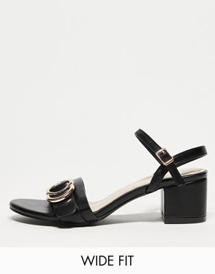 Wide Fit buckle detail block heeled sandal in black