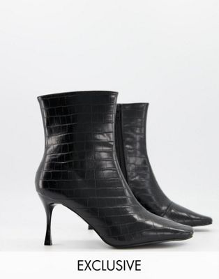 Exclusive Helen vegan heeled ankle boots in black croc
