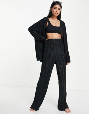 4th & Reckless Astin plisse beach shirt co-ord  in black