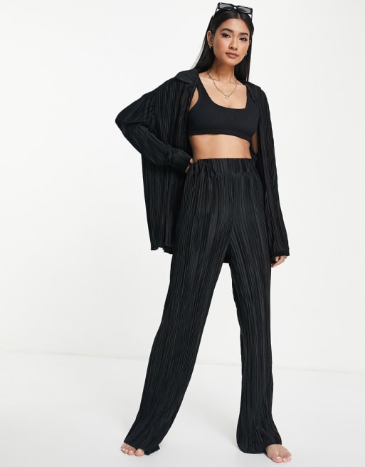 4th & Reckless Astin plisse beach shirt set in black | ASOS