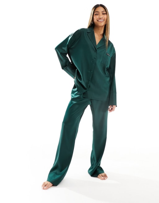 4th Reckless Aurora satin pyjama set in emerald green ASOS