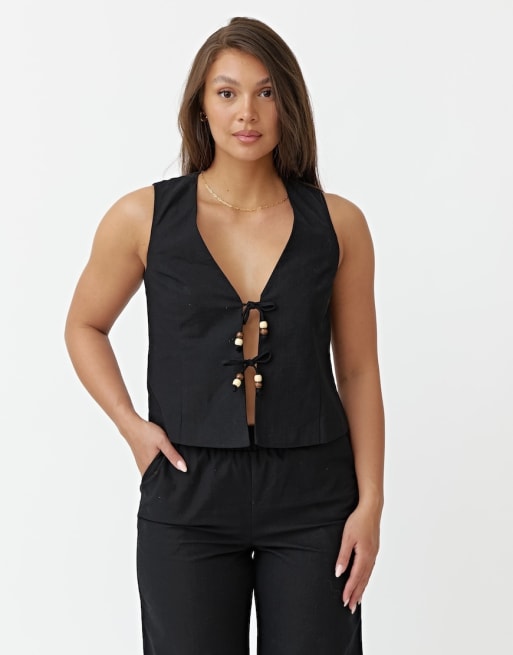 4th & Reckless beaded tie front vest and linen wide leg pants in black
