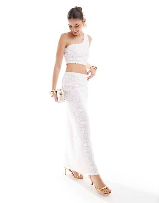 4th & Reckless broderie lace one shoulder top and maxi skirt set in white