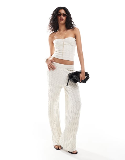 4th & Reckless cable knit bandeau top and wide leg trousers co-ord in cream - view 1