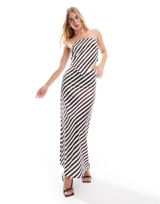 4th & Reckless - Coordinato con top con orlo a V e gonna lunga in raso a righe color crema e cioccolato