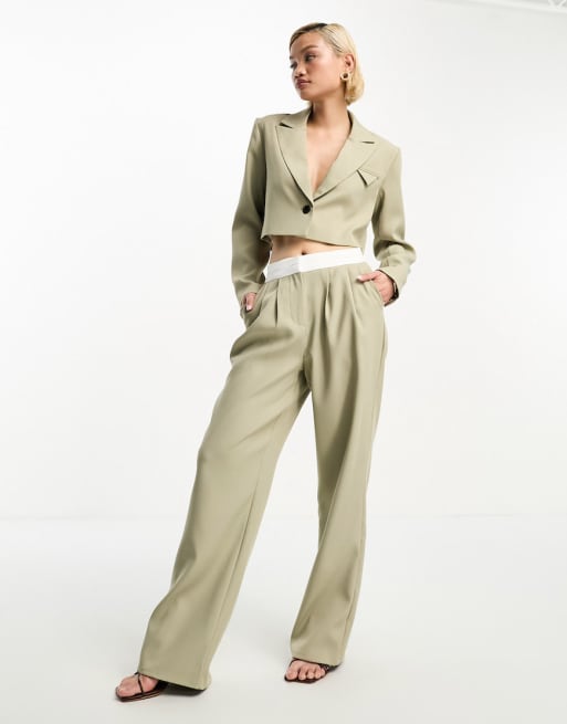 Cropped Blazer + Wide Leg High Waist Pants Suit Set