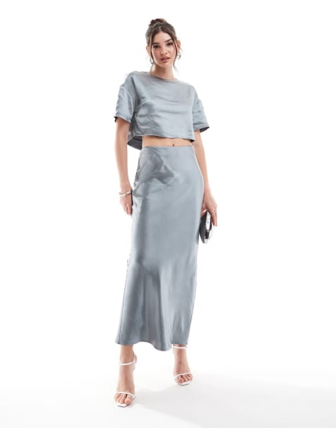 4th & Reckless cropped satin t-shirt and maxi skirt set in steel grey - view 1