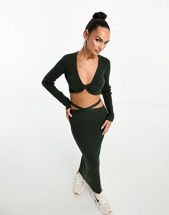 4th & Reckless - knitted top with twist detail and skirt co-ord in khaki