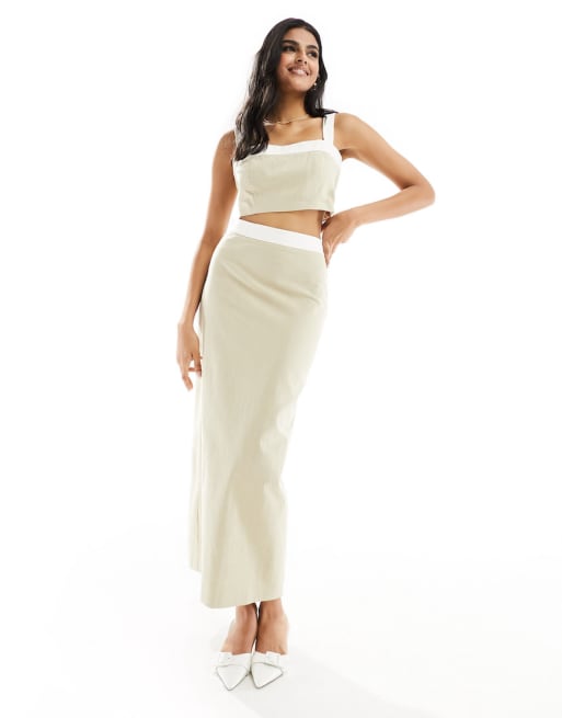 4th & Reckless linen look contrast trim cami crop top in beige (part of a set)