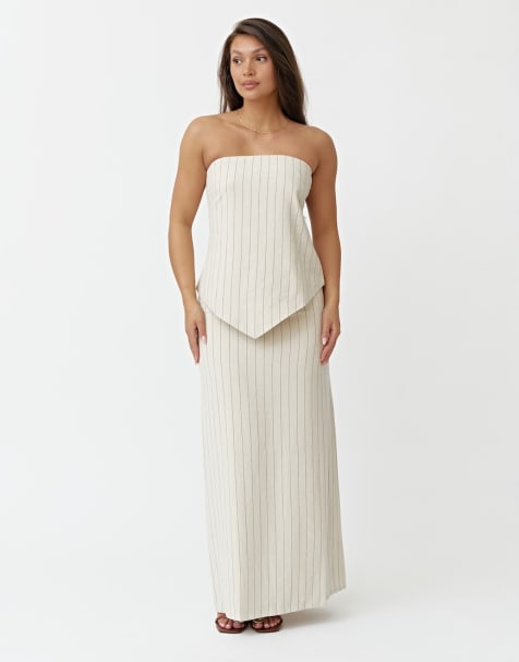 4th & Reckless linen striped bandeau top & maxi skirt in beige - view 1