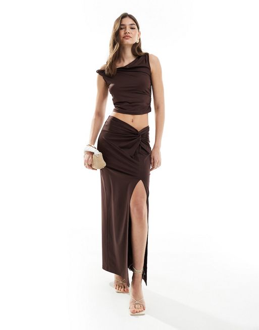  4th & Reckless off shoulder top and maxi skirt co-ord in brown