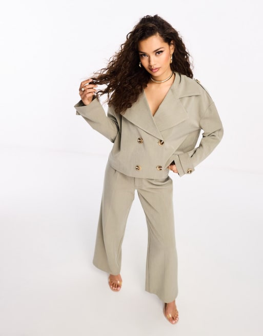 4th & Reckless Petite boxy jacket and tailored trouser co-ord in sage